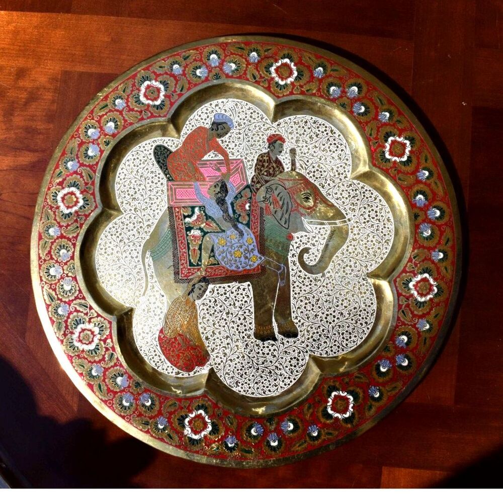 Vintage India Brass Art Plate - Royalty on Elephant & Peacock Scene - 14.25"